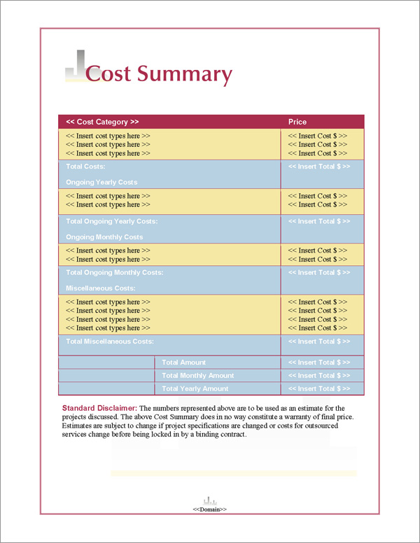 Proposal Pack Skyline #1 Cost Summary Page Proposal Pack Skyline #1 Cost Summary Page