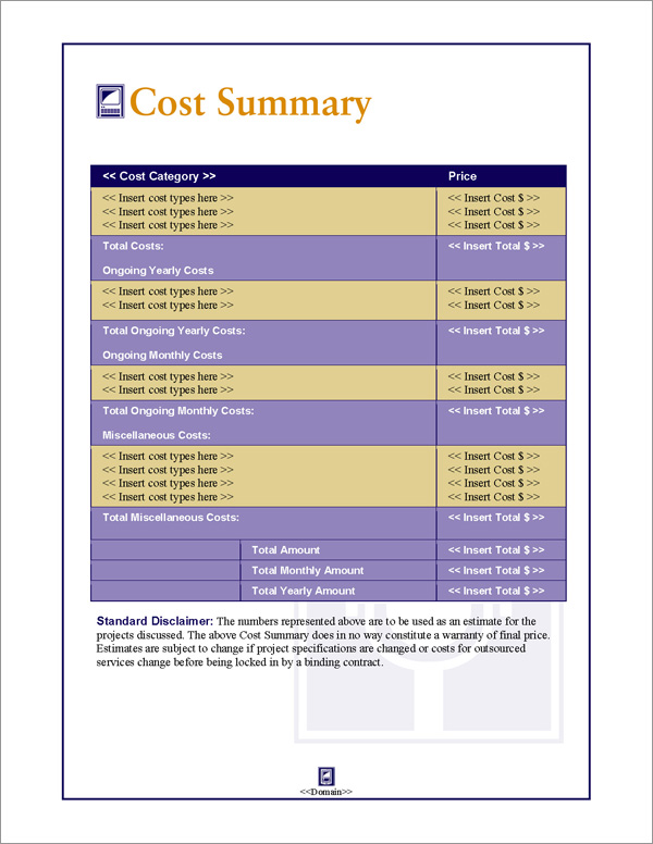 Proposal Pack Communication #1 Cost Summary Page Proposal Pack Communication #1 Cost Summary Page