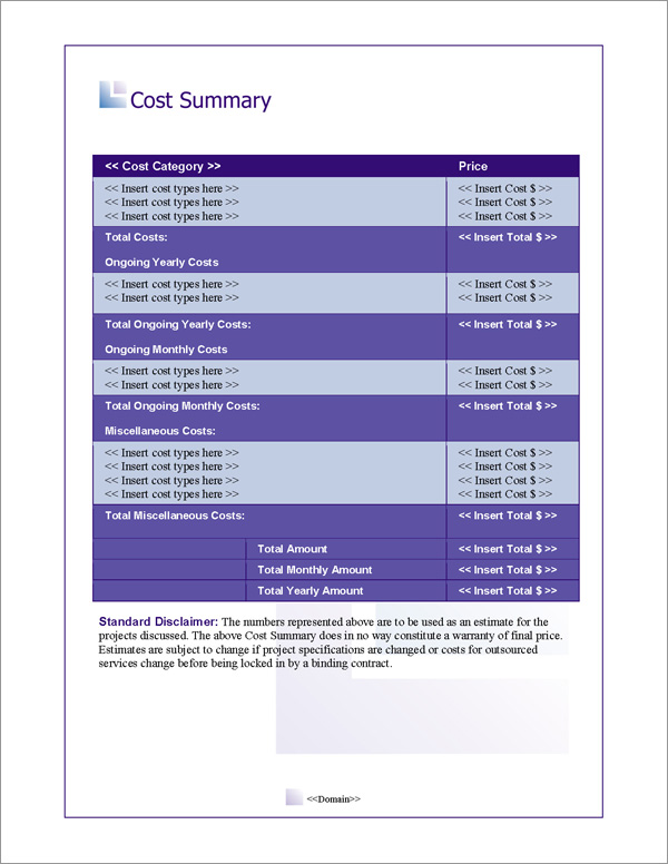 Proposal Pack Business #8 Cost Summary Page Proposal Pack Business #8 Cost Summary Page