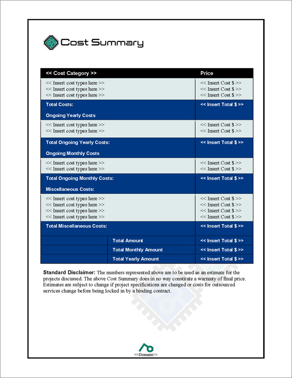 Proposal Pack Tech #3 Cost Summary Page