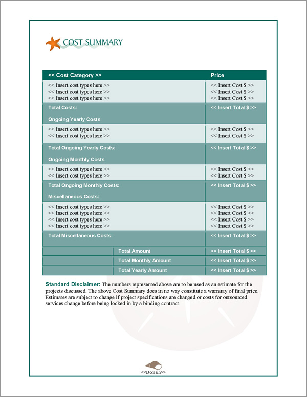Proposal Pack Nature #4 Cost Summary Page Proposal Pack Nature #4 Cost Summary Page