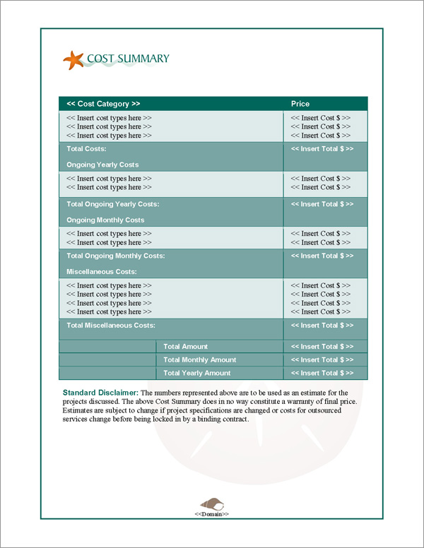 Proposal Pack Nature #4 Cost Summary Page