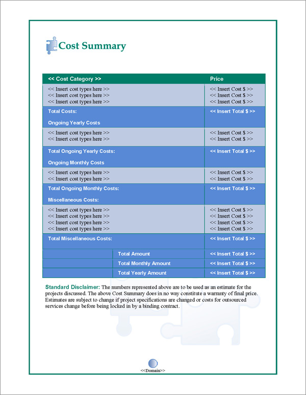 Proposal Pack Concepts #2 Cost Summary Page