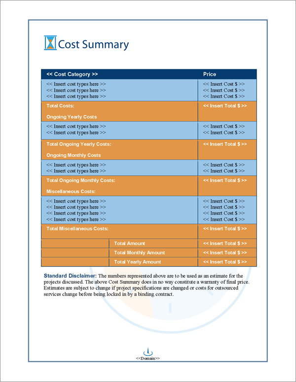 Proposal Pack Concepts #3 Cost Summary Page Proposal Pack Concepts #3 Cost Summary Page