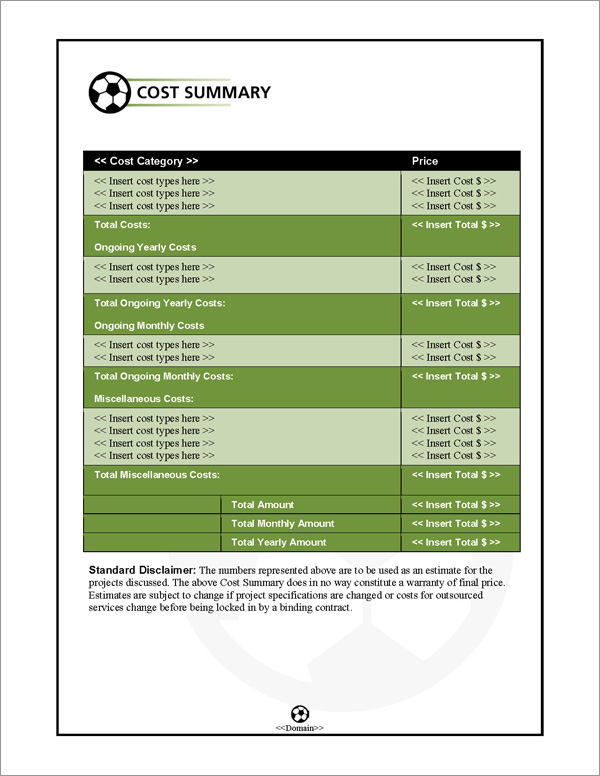 Proposal Pack Sports #1 Cost Summary Page