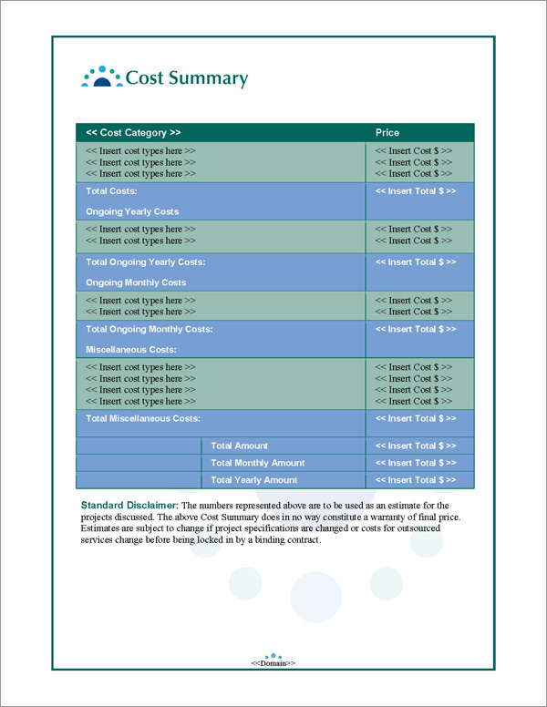 Proposal Pack Contemporary #6 Cost Summary Page