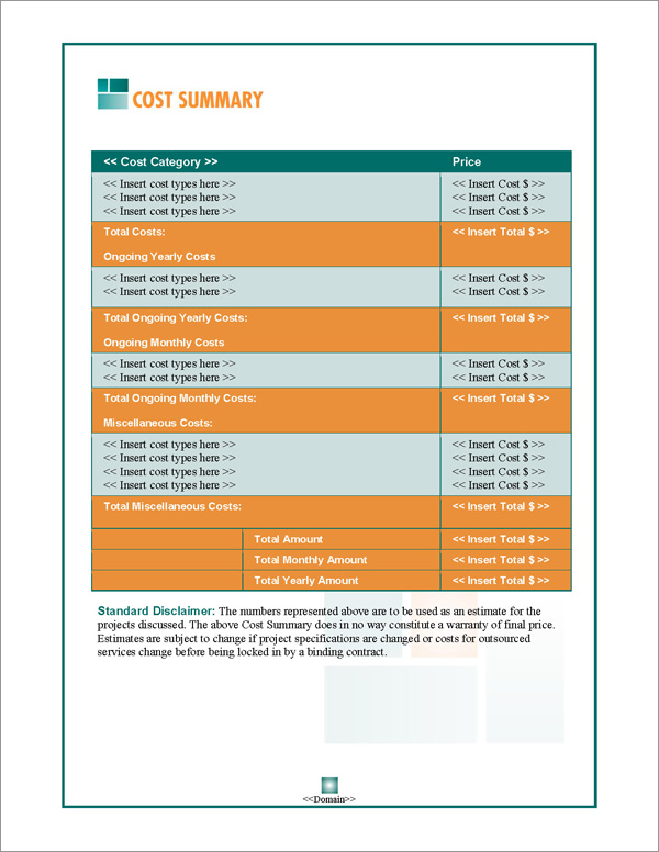 Proposal Pack Business #9 Cost Summary Page Proposal Pack Business #9 Cost Summary Page