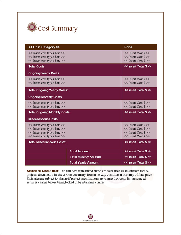 Proposal Pack Concepts #4 Cost Summary Page