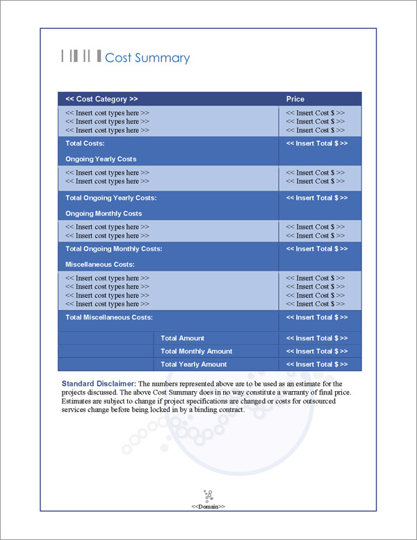 Proposal Pack Medical #3 Cost Summary Page