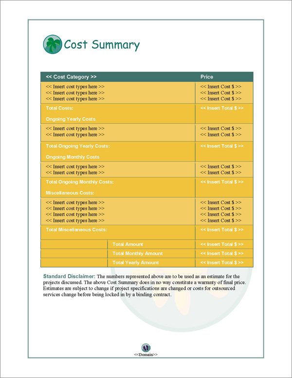 Proposal Pack Travel #1 Cost Summary Page Proposal Pack Travel #1 Cost Summary Page