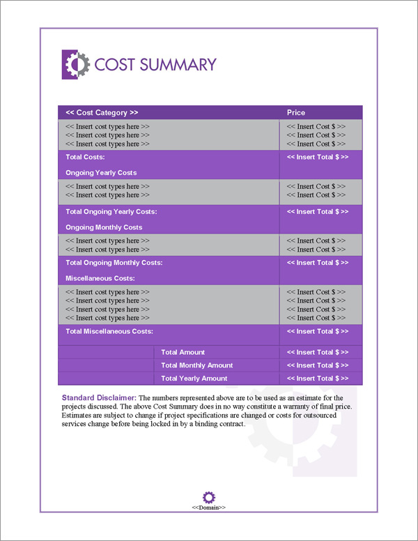 Proposal Pack Concepts #5 Cost Summary Page Proposal Pack Concepts #5 Cost Summary Page