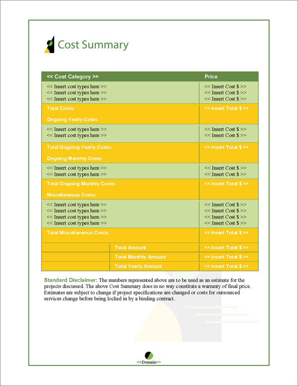 Proposal Pack Concepts #6 Cost Summary Page