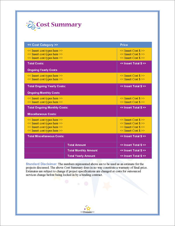 Proposal Pack Entertainment #2 Cost Summary Page Proposal Pack Entertainment #2 Cost Summary Page