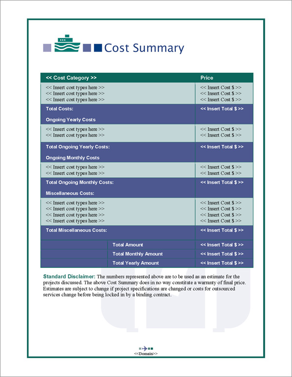 Proposal Pack Travel #2 Cost Summary Page Proposal Pack Travel #2 Cost Summary Page