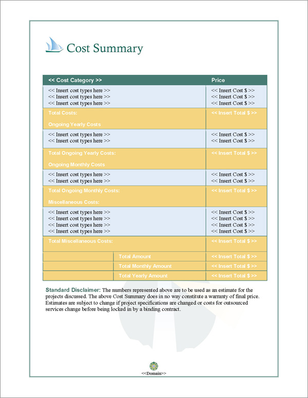 Proposal Pack Travel #3 Cost Summary Page