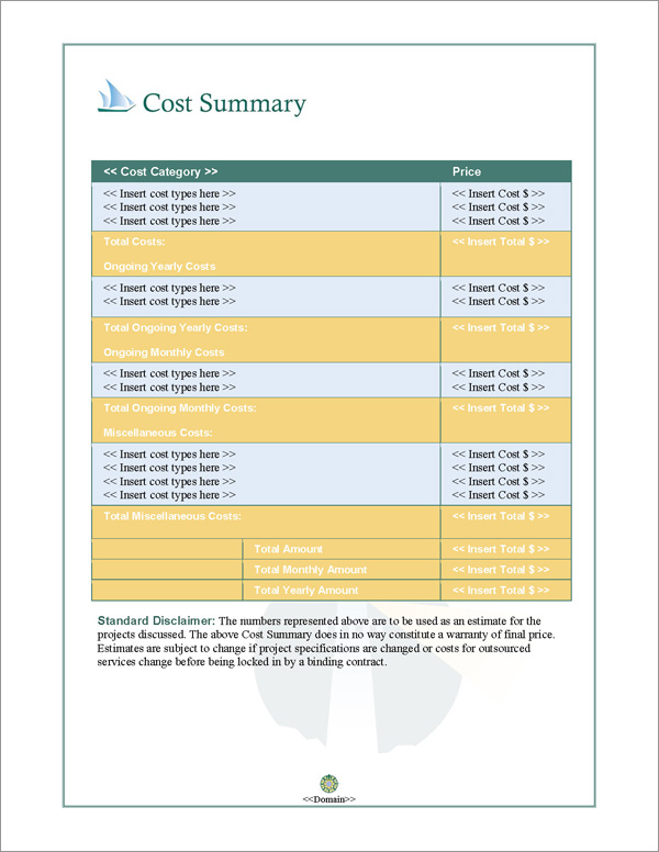Proposal Pack Travel #3 Cost Summary Page Proposal Pack Travel #3 Cost Summary Page