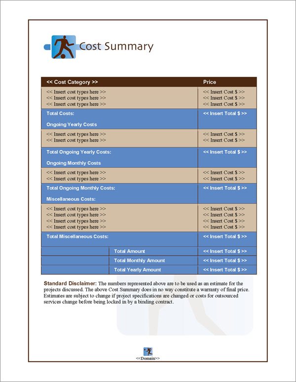 Proposal Pack Sports #2 Cost Summary Page