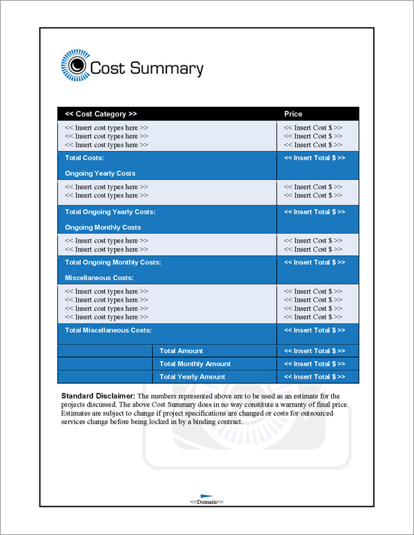 Proposal Pack Photography #2 Cost Summary Page