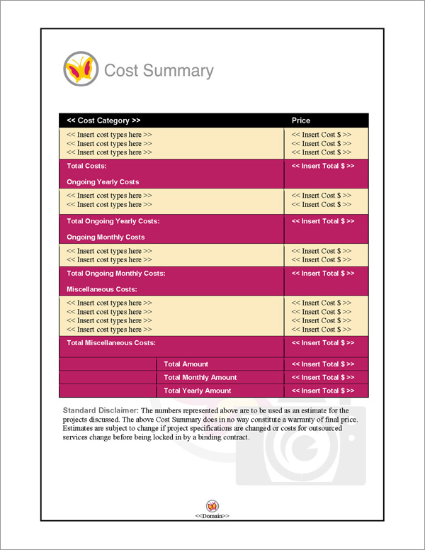 Proposal Pack Photography #3 Cost Summary Page Proposal Pack Photography #3 Cost Summary Page