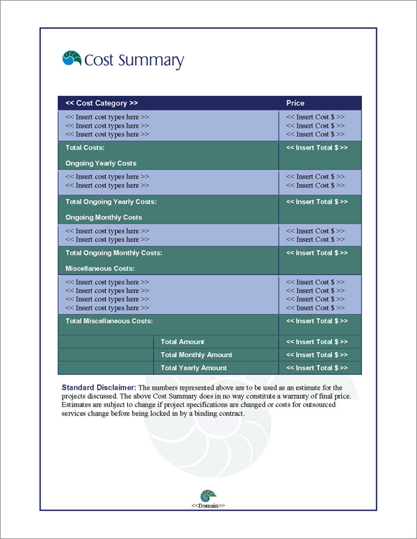 Proposal Pack Concepts #8 Cost Summary Page Proposal Pack Concepts #8 Cost Summary Page