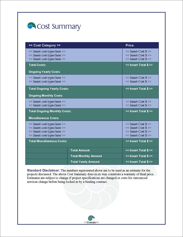 Proposal Pack Concepts #8 Cost Summary Page