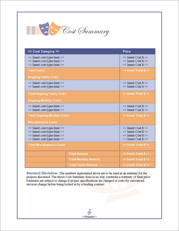 Proposal Pack Entertainment #3 Cost Summary Page