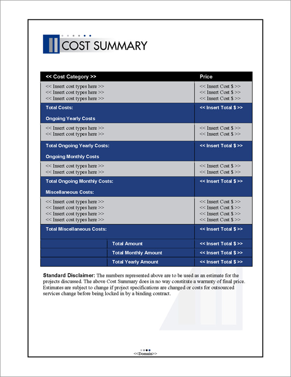 Proposal Pack Business #10 Cost Summary Page Proposal Pack Business #10 Cost Summary Page