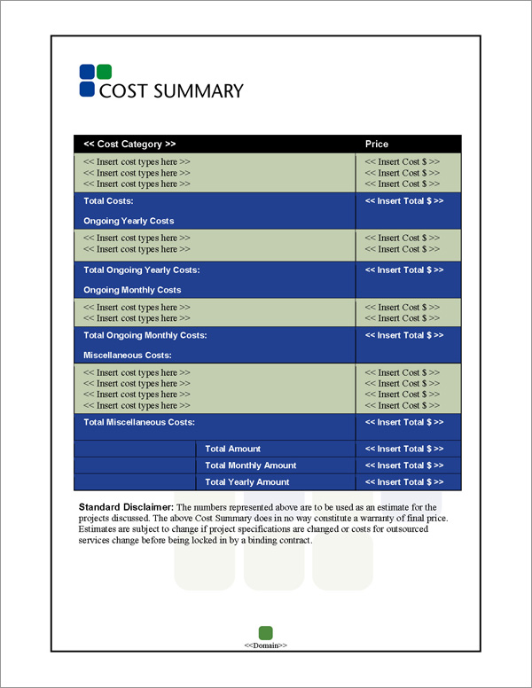 Proposal Pack Classic #6 Cost Summary Page Proposal Pack Classic #6 Cost Summary Page