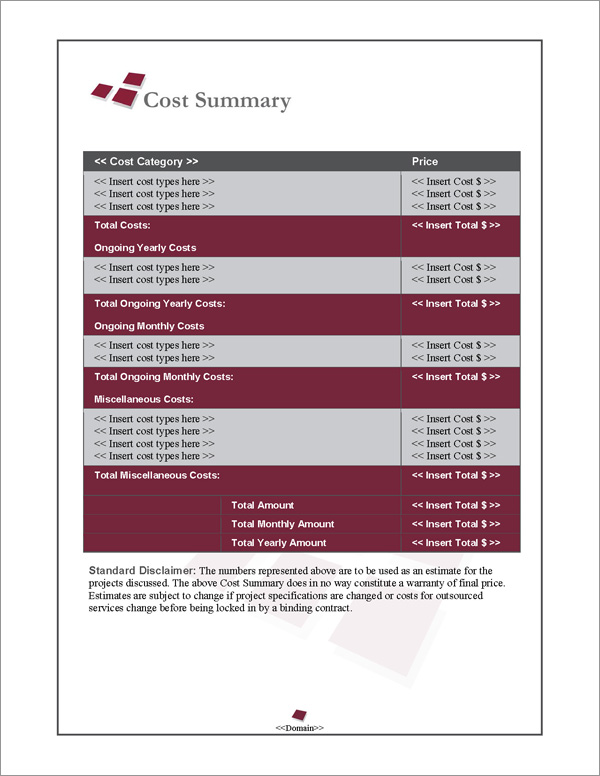 Proposal Pack Business #11 Cost Summary Page