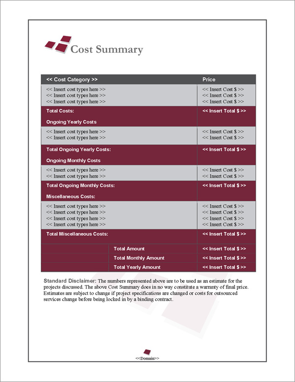 Proposal Pack Business #11 Cost Summary Page Proposal Pack Business #11 Cost Summary Page