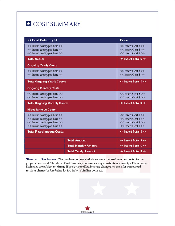 Proposal Pack Flag #2 Cost Summary Page