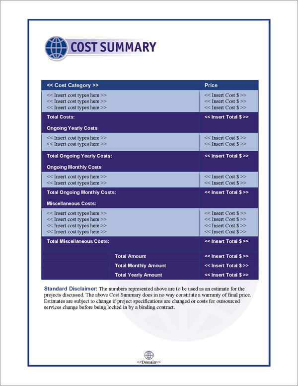 Proposal Pack Global #2 Cost Summary Page Proposal Pack Global #2 Cost Summary Page
