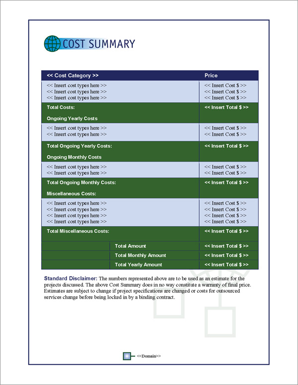 Proposal Pack Global #3 Cost Summary Page Proposal Pack Global #3 Cost Summary Page