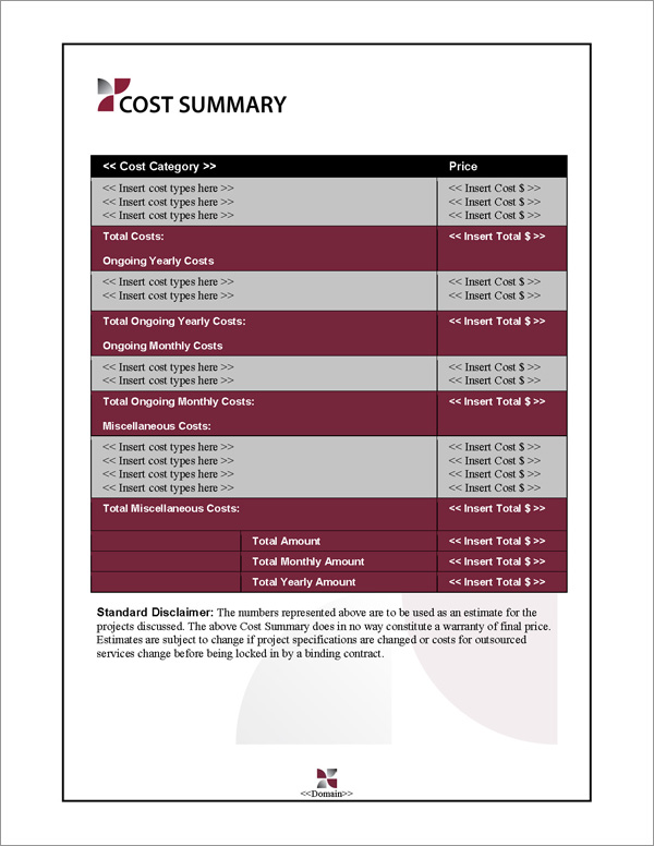 Proposal Pack Classic #7 Cost Summary Page Proposal Pack Classic #7 Cost Summary Page