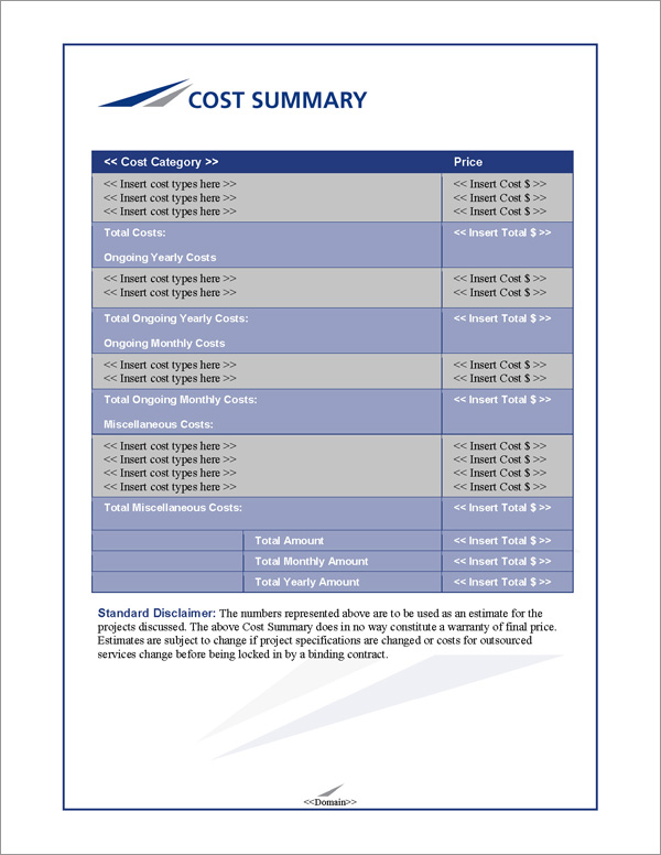 Proposal Pack Classic #8 Cost Summary Page Proposal Pack Classic #8 Cost Summary Page