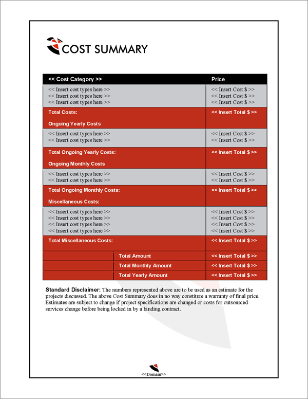 Proposal Pack Business #12 Cost Summary Page