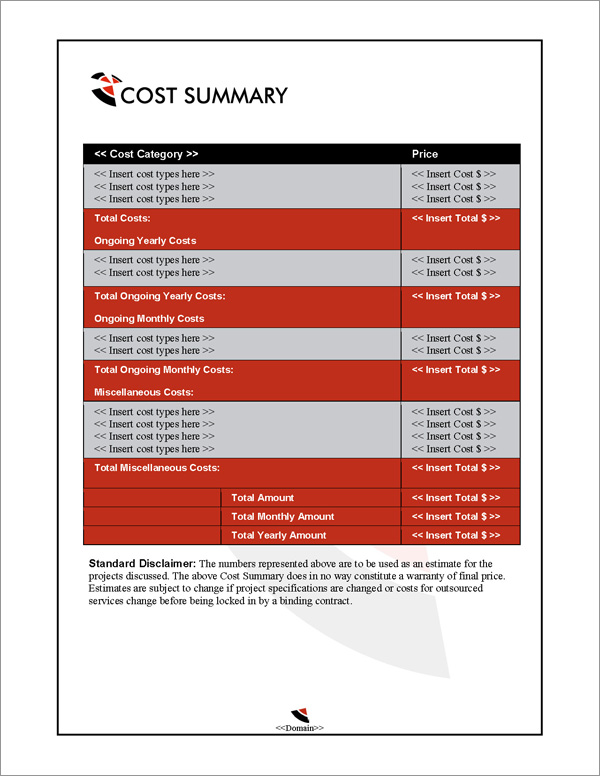 Proposal Pack Business #12 Cost Summary Page Proposal Pack Business #12 Cost Summary Page