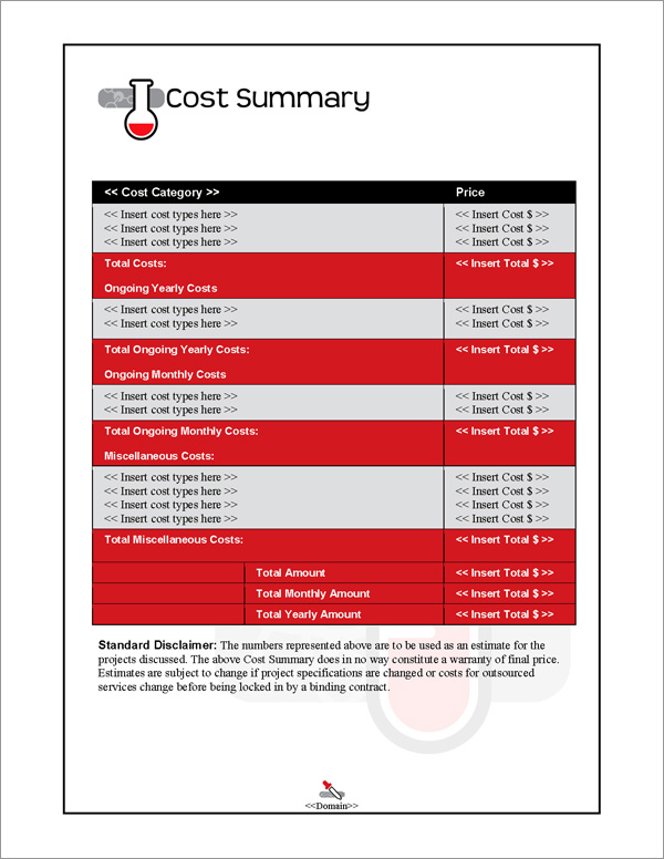 Proposal Pack Science #1 Cost Summary Page