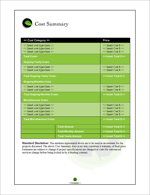 Proposal Pack Environmental #1 Cost Summary Page