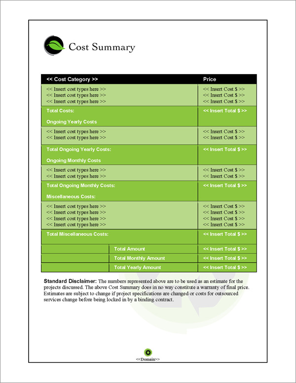 Proposal Pack Environmental #1 Cost Summary Page Proposal Pack Environmental #1 Cost Summary Page