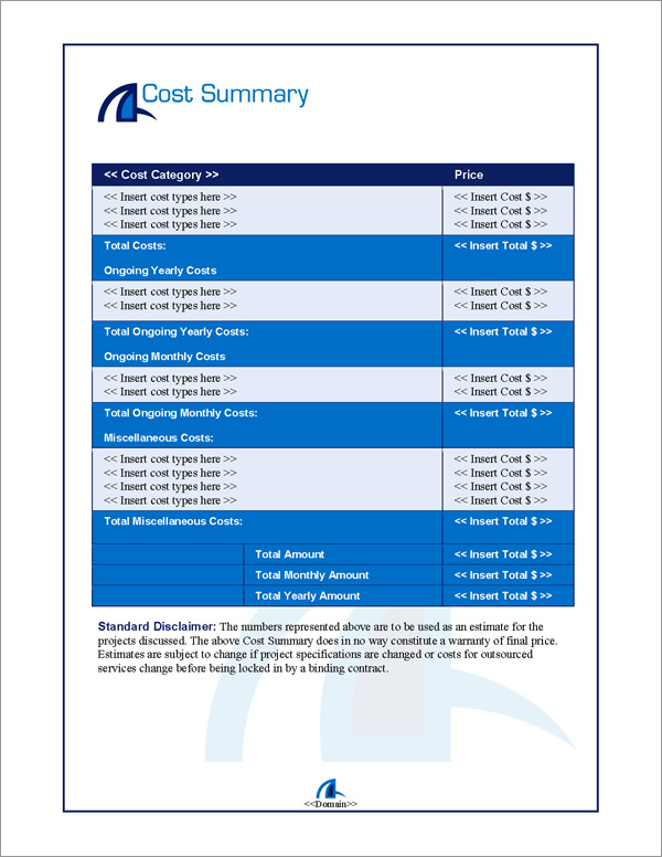 Proposal Pack Contemporary #7 Cost Summary Page