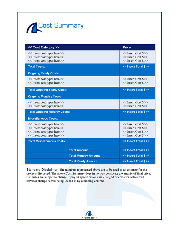 Proposal Pack Contemporary #7 Cost Summary Page Proposal Pack Contemporary #7 Cost Summary Page