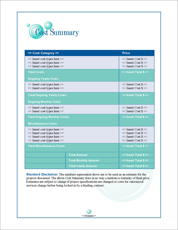 Proposal Pack Bubbles #1 Cost Summary Page