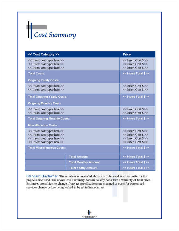 Proposal Pack Classic #9 Cost Summary Page Proposal Pack Classic #9 Cost Summary Page