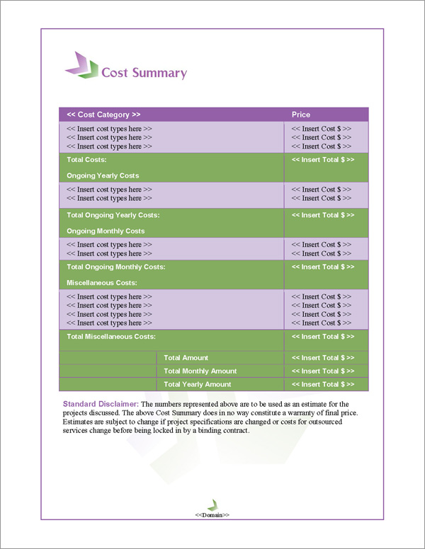 Proposal Pack In Motion #5 Cost Summary Page