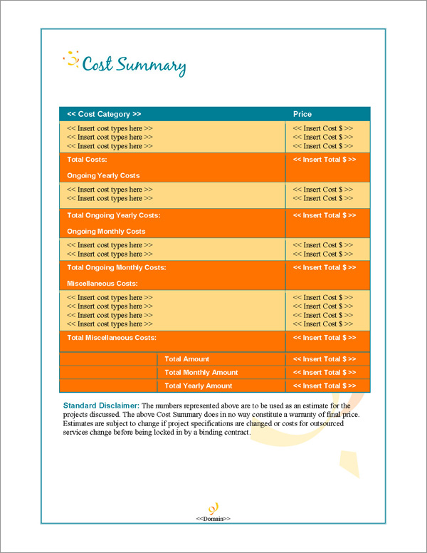 Proposal Pack Events #2 Cost Summary Page