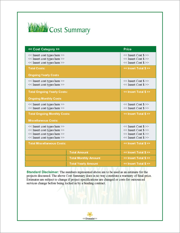Proposal Pack Lawn #1 Cost Summary Page Proposal Pack Lawn #1 Cost Summary Page
