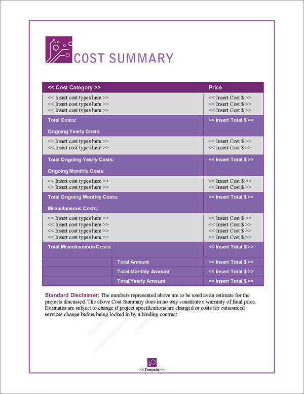 Proposal Pack Tech #5 Cost Summary Page Proposal Pack Tech #5 Cost Summary Page