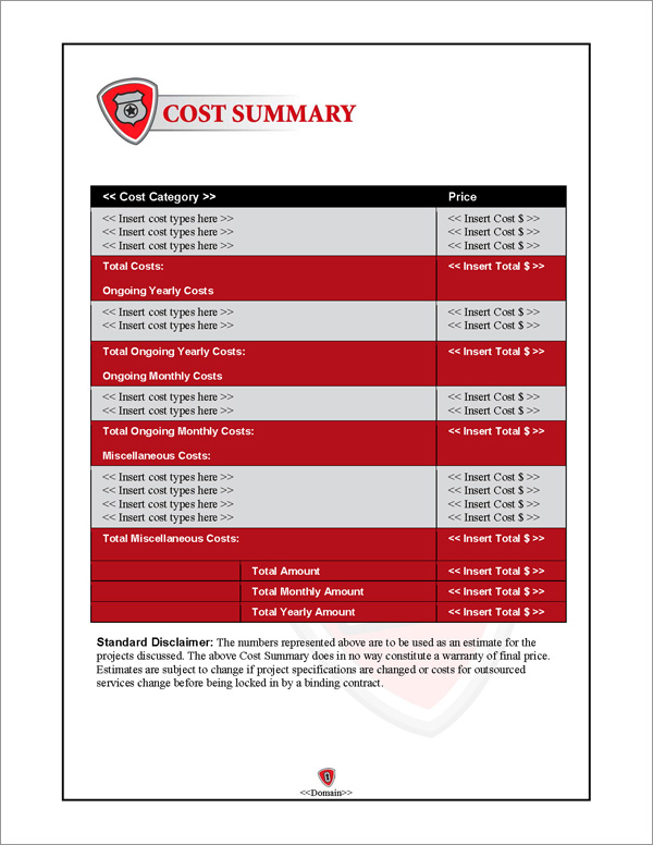Proposal Pack Security #1 Cost Summary Page