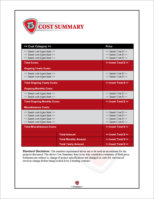 Proposal Pack Security #1 Cost Summary Page Proposal Pack Security #1 Cost Summary Page